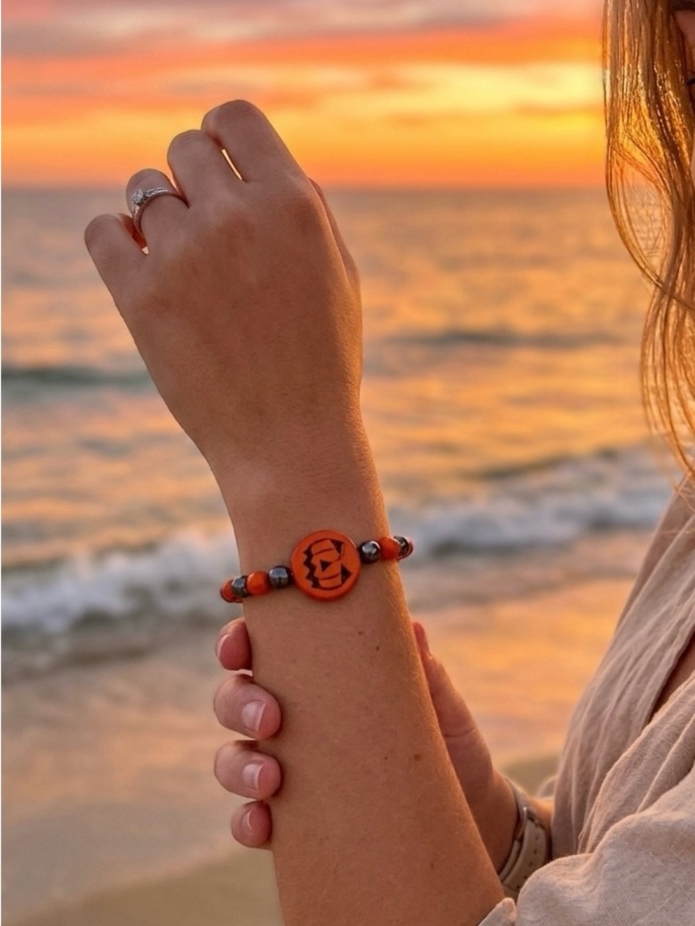Hand Crafted Orange and Hematite Beaded Bracelet for Women